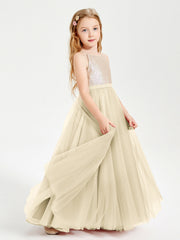 Abito Damigella Junior Lungo Top Con Paillettes Gonna In Tulle Champagne