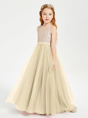 Abito Damigella Junior Lungo Top Con Paillettes Gonna In Tulle Champagne