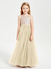 Abito Damigella Junior Lungo Top Con Paillettes Gonna In Tulle Champagne