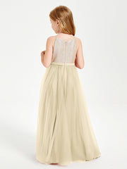 Abito Damigella Junior Lungo Top Con Paillettes Gonna In Tulle Champagne