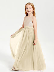 Abito Damigella Junior Lungo Top Con Paillettes Gonna In Tulle Champagne