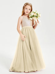 Abito Damigella Junior Lungo Top Con Paillettes Gonna In Tulle Champagne