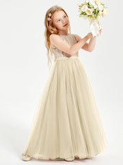 Abito Damigella Junior Lungo Top Con Paillettes Gonna In Tulle Champagne