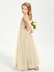 Abito Damigella Junior Lungo Top Con Paillettes Gonna In Tulle Champagne