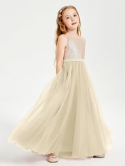 Abito Damigella Junior Lungo Top Con Paillettes Gonna In Tulle Champagne