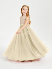 Abito Damigella Junior Lungo Top Con Paillettes Gonna In Tulle Champagne