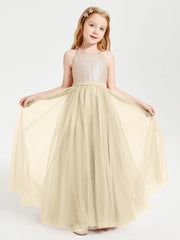 Abito Damigella Junior Lungo Top Con Paillettes Gonna In Tulle Champagne
