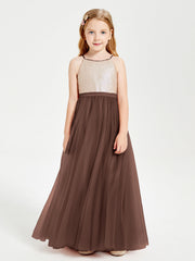 Abito Damigella Junior Lungo Top Con Paillettes Gonna In Tulle Cioccolato