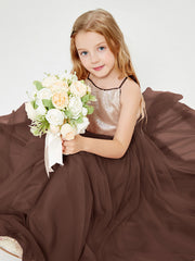 Abito Damigella Junior Lungo Top Con Paillettes Gonna In Tulle Cioccolato