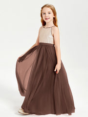 Abito Damigella Junior Lungo Top Con Paillettes Gonna In Tulle Cioccolato
