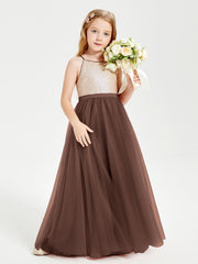 Abito Damigella Junior Lungo Top Con Paillettes Gonna In Tulle Cioccolato