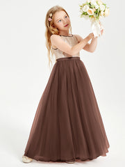 Abito Damigella Junior Lungo Top Con Paillettes Gonna In Tulle Cioccolato