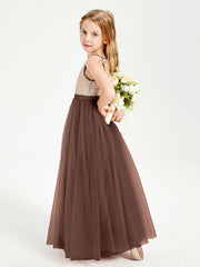 Abito Damigella Junior Lungo Top Con Paillettes Gonna In Tulle Cioccolato