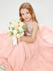 Abito Damigella Junior Lungo Top Con Paillettes Gonna In Tulle Corallo
