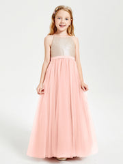 Abito Damigella Junior Lungo Top Con Paillettes Gonna In Tulle Corallo