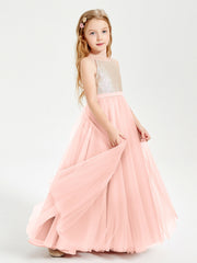 Abito Damigella Junior Lungo Top Con Paillettes Gonna In Tulle Corallo