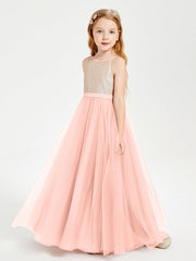 Abito Damigella Junior Lungo Top Con Paillettes Gonna In Tulle Corallo