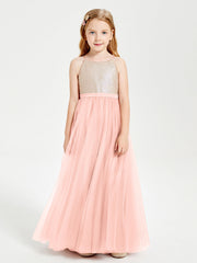 Abito Damigella Junior Lungo Top Con Paillettes Gonna In Tulle Corallo