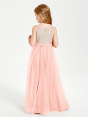 Abito Damigella Junior Lungo Top Con Paillettes Gonna In Tulle Corallo