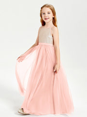 Abito Damigella Junior Lungo Top Con Paillettes Gonna In Tulle Corallo