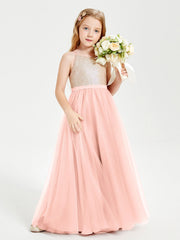 Abito Damigella Junior Lungo Top Con Paillettes Gonna In Tulle Corallo