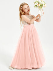 Abito Damigella Junior Lungo Top Con Paillettes Gonna In Tulle Corallo