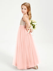 Abito Damigella Junior Lungo Top Con Paillettes Gonna In Tulle Corallo