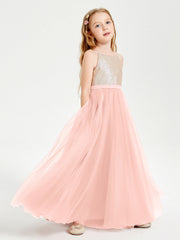 Abito Damigella Junior Lungo Top Con Paillettes Gonna In Tulle Corallo