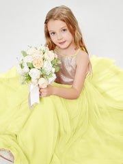 Abito Damigella Junior Lungo Top Con Paillettes Gonna In Tulle Narciso