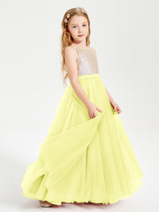 Abito Damigella Junior Lungo Top Con Paillettes Gonna In Tulle Narciso