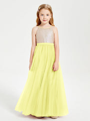 Abito Damigella Junior Lungo Top Con Paillettes Gonna In Tulle Narciso