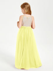 Abito Damigella Junior Lungo Top Con Paillettes Gonna In Tulle Narciso