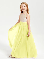 Abito Damigella Junior Lungo Top Con Paillettes Gonna In Tulle Narciso