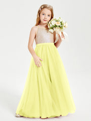Abito Damigella Junior Lungo Top Con Paillettes Gonna In Tulle Narciso