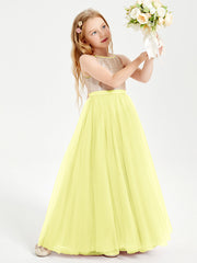 Abito Damigella Junior Lungo Top Con Paillettes Gonna In Tulle Narciso