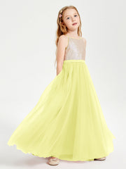 Abito Damigella Junior Lungo Top Con Paillettes Gonna In Tulle Narciso