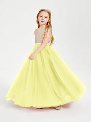 Abito Damigella Junior Lungo Top Con Paillettes Gonna In Tulle Narciso