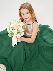 Abito Damigella Junior Lungo Top Con Paillettes Gonna In Tulle Verde Scuro