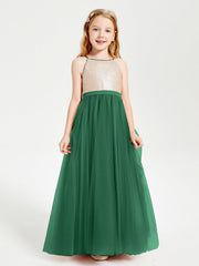 Abito Damigella Junior Lungo Top Con Paillettes Gonna In Tulle Verde Scuro