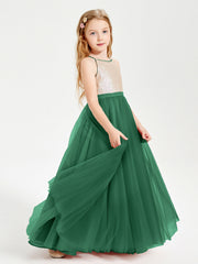 Abito Damigella Junior Lungo Top Con Paillettes Gonna In Tulle Verde Scuro