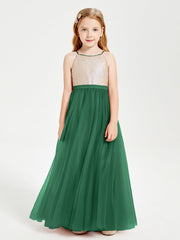 Abito Damigella Junior Lungo Top Con Paillettes Gonna In Tulle Verde Scuro