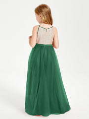 Abito Damigella Junior Lungo Top Con Paillettes Gonna In Tulle Verde Scuro