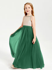 Abito Damigella Junior Lungo Top Con Paillettes Gonna In Tulle Verde Scuro