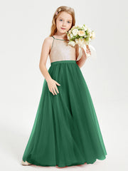 Abito Damigella Junior Lungo Top Con Paillettes Gonna In Tulle Verde Scuro