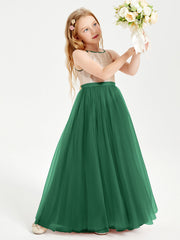 Abito Damigella Junior Lungo Top Con Paillettes Gonna In Tulle Verde Scuro