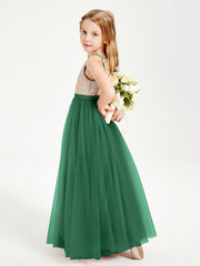 Abito Damigella Junior Lungo Top Con Paillettes Gonna In Tulle Verde Scuro