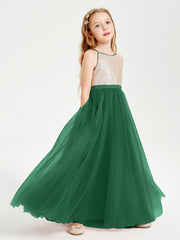 Abito Damigella Junior Lungo Top Con Paillettes Gonna In Tulle Verde Scuro