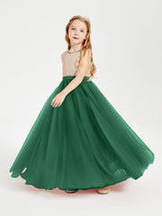 Abito Damigella Junior Lungo Top Con Paillettes Gonna In Tulle Verde Scuro