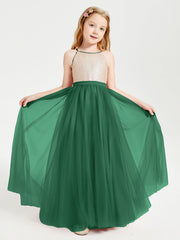 Abito Damigella Junior Lungo Top Con Paillettes Gonna In Tulle Verde Scuro