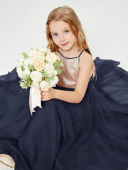 Abito Damigella Junior Lungo Top Con Paillettes Gonna In Tulle Blu Scuro